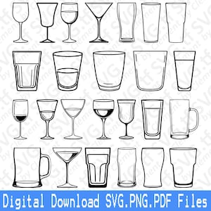 Könnte beinhalten: Ein Satz von 20 Schwarzweiß-Outline-Illustrationen verschiedener Arten von Gläsern, darunter Weingläser, Cocktailgläser, Bierkrüge und Schnapsgläser.