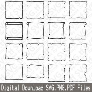 Peut inclure: Une collection de seize motifs de papiers numériques en noir et blanc. Les motifs présentent diverses formes carrées et rectangulaires avec une esthétique de papier parchemin. Le bas de l'image indique "Digital Download SVG.PNG.PDF Files."