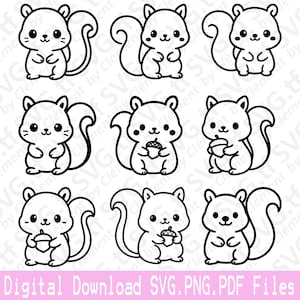 May include: Nine black and white cartoon squirrel illustrations. Some squirrels are holding acorns. The image includes the text "Digital Download SVG.PNG.PDF Files" in pink.
