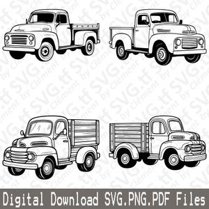 Caminhão velho. Arquivos SVG PNG PDF. Veículo Carro Vintage Colheita Entrega Vetor Clipart Impressão Corte Gravação Laser Cricut Silhueta.