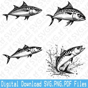 May include: Black and white illustrations of mackerel fish in various poses. One fish is jumping out of water, creating a splash effect. The image includes the text "Digital Download SVG.PNG.PDF Files".