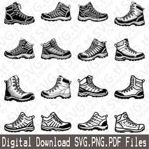 May include: A set of ten black and white illustrations of hiking boots. The boots are all different styles, but they all have a similar design. The illustrations are perfect for use in a variety of projects, such as scrapbooking, card making, and digital design.