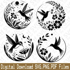 May include: Four black and white hummingbird designs within circular frames, surrounded by floral and botanical elements. Each design features a hummingbird in flight, with the text "Digital Download SVG.PNG.PDF Files" at the bottom.