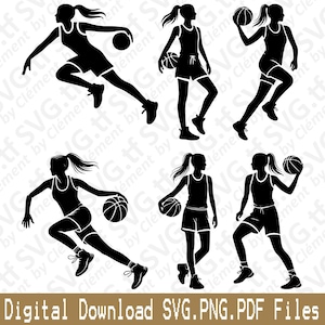 May include: Six black silhouette images of basketball players. Each player is in a different pose, dribbling, shooting, or running with the ball. The images are set against a white background.