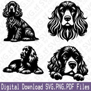 May include: Black and white digital download featuring four Cocker Spaniel illustrations. Includes a sitting, lying down, and two head portraits. The text "Digital Download SVG.PNG.PDF Files" is at the bottom.