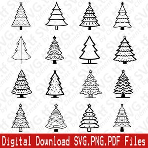 Può includere: Set di 16 illustrazioni di alberi di Natale in bianco e nero. Gli alberi sono in vari stili, alcuni con ornamenti, altri con stelle e altri con semplici contorni.