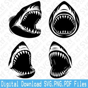 May include: Black and white shark jaw illustrations in various perspectives. The image features four different views of a shark's open mouth, showcasing sharp teeth. The text "Digital Download SVG.PNG.PDF Files" is at the bottom.