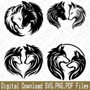 Op de afbeelding: Vier gestileerde zwart-wit illustraties van wolven die elkaar aankijken. De wolven staan in verschillende poses, waaronder een hartvorm en een cirkel.