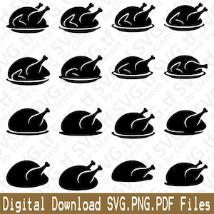 May include: A black and white digital download graphic featuring multiple illustrations of roasted turkeys on plates. The text "Digital Download SVG.PNG.PDF Files" is at the bottom of the image. Perfect for Thanksgiving or culinary-themed projects.