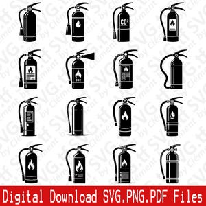 Estintore. File SVG, PNG e PDF. Icona di schiuma di sicurezza per edifici, acqua CO2, clipart vettoriale, stampa, taglio, incisione, laser, Cricut, silhouette.