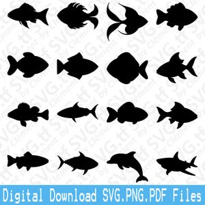 Vissen. SVG png-pdf-bestanden. Dolfijnhaai tonijn makreel forel Vector Clipart Print Cut graveren laser Cricut silhouet.