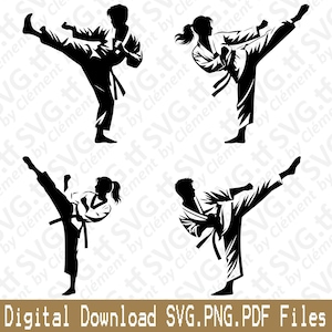 Könnte beinhalten: Schwarz-Weiß-Silhouetten von Kampfsportlern, die hohe Tritte ausführen. Das Bild zeigt vier Figuren in Karate-Uniformen mit dem Text "Digital Download SVG.PNG.PDF Files" unten.