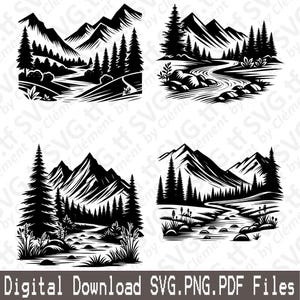 May include: Four black and white illustrations of a mountain landscape with a river winding through the valley. The illustrations feature a mountain range, trees, and a river with rocks.