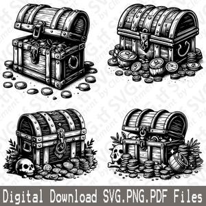 Schatztruhe. SVG PNG PDF Dateien. Alte hölzerne Piraten Münze Gold Silber Schmuck Vektor Clipart Print Cut Gravieren Laser Cricut Silhouette.