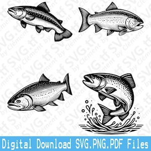 May include: A set of four black and white illustrations of salmon fish. Two of the salmon are swimming horizontally, while the other two are jumping out of the water. The salmon jumping out of the water have water splashes around them.