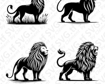 May include: Four black and white silhouette images of a lion. The lion is facing right in all four images. The lion has a full mane. The lion is standing on all fours. The lion is in a profile view. The lion is in a simple silhouette style. The lion is in a detailed silhouette style. The lion is roaring. The lion is not roaring.