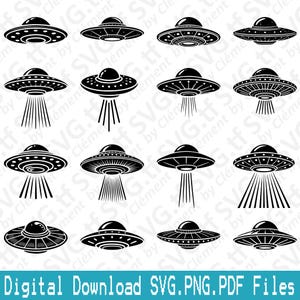 May include: A set of 12 black and white UFO silhouette illustrations. Each UFO has a rounded top and a beam of light shining down from the bottom. The UFOs are arranged in a grid pattern.