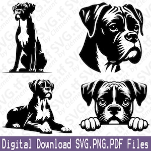 May include: Black and white digital download featuring four Boxer dog illustrations in various poses. Includes a sitting, lying down, and headshot design, plus a puppy peeking over a ledge. Text at the bottom reads "Digital Download SVG.PNG.PDF Files."