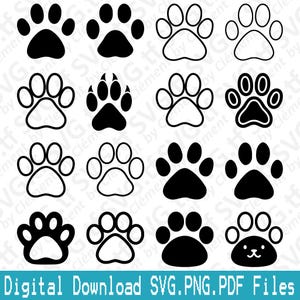 May include: A set of 12 black and white paw print illustrations. The paw prints are in various styles, including simple outlines, filled-in shapes, and paw prints with a cat face.