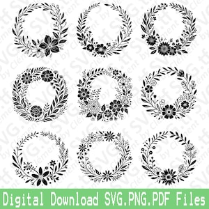 花のリース。SVG、PNG、PDF ファイル。フラワー セレモニー スプリング ブーケ ベクター クリップアート プリント カット 彫刻 レーザー Cricut シルエット。