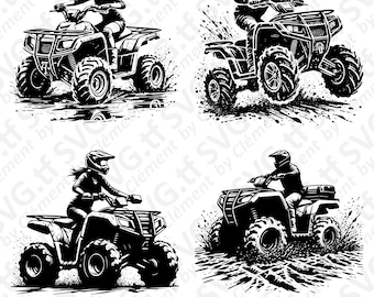 ATV 4-Wheeler Quad. SVG PNG Pdf files. Man Woman Driver Motorbike Mud Scene Vector Clipart Print Cut Engrave Laser Cricut Silhouette.