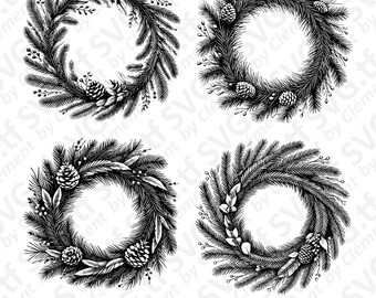 Pine Wreath. SVG PNG PDF files. Cone Christmas Ceremony Bouquet Winter Door Vector Clipart Print Cut Engrave Laser Cricut Silhouette.