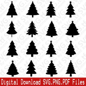 以下が含まれることがあります： 16個の黒いシルエットのクリスマスツリーSVGカットファイルのセット。木はさまざまなサイズと形があり、一部は上に星が付いています。