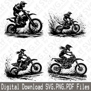 以下が含まれることがあります： 泥水の中を走るモトクロスバイクに乗った人々のシルエットを白黒で描いたイラストが4つあります。ライダーはヘルメットとゴーグルを着用しています。バイクはすべて動いており、車輪が泥を巻き上げています。