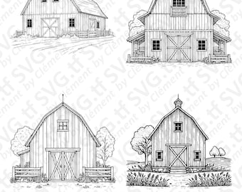 Barn. SVG PNG PDF files. Farmhouse Farm Field Harvest Nature Scene Tree Vector Clipart Print Cut Engrave Laser Cricut Silhouette.