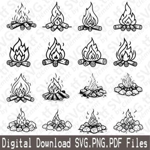 Fogata. Archivos SVG PNG PDF. Naturaleza Aire libre Senderismo Acampada Madera Fuego Roca Vector Clipart Impresión Corte Grabado Láser Cricut Silueta.