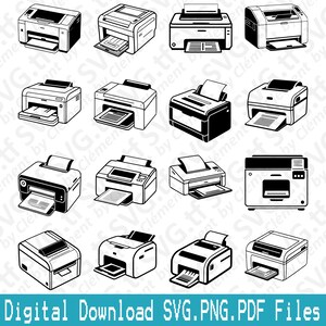 May include: A set of 12 black and white printer silhouette icons. The icons are in various positions and angles, showing the front, side, and top views of the printers.