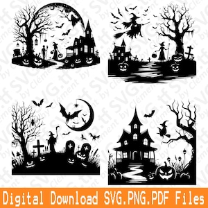 Könnte beinhalten: Eine Sammlung von vier digitalen Designs zum Thema Halloween in Schwarz und Weiß. Jedes Design zeigt Silhouetten von Spukhäusern, Hexen, Fledermäusen, Kürbissen und gruseligen Bäumen. Der Text "Digital Download SVG.PNG.PDF Files" steht unten.
