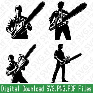 May include: Four black and white silhouette illustrations of a person holding a chainsaw. The person is wearing a long-sleeved shirt and pants. The chainsaw is held in a horizontal position.