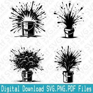 Exploding Paint Bucket. SVG PNG PDF files. Splatter Painting Ink Brush Vector Clipart Print Cut Engrave Laser Cricut Silhouette.