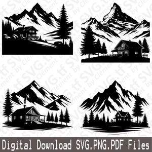 Cabaña de montaña. Archivos SVG, PNG y PDF. Chalet, casa, cabaña, madera, naturaleza, escena invernal, clipart vectorial, impresión, corte, grabado láser, Cricut, silueta.