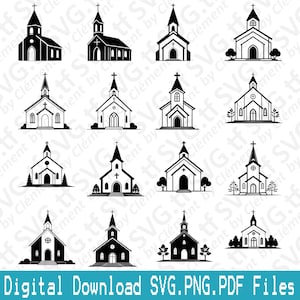 May include: Set of 12 black and white church silhouette SVG cut files. The church designs include a variety of styles, some with crosses, some with windows, and some with trees.