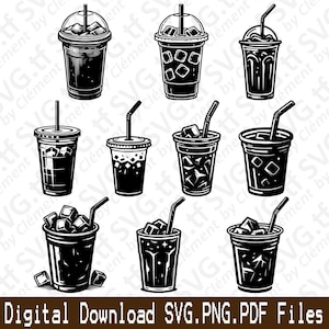 May include: Nine black and white illustrations of iced coffee drinks in various styles of cups and glasses. Some cups have lids and straws. Some cups have ice cubes visible inside.