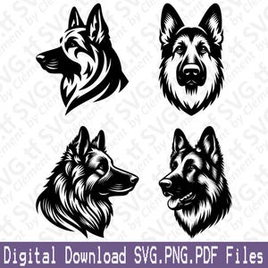 Può includere: Una collezione di quattro illustrazioni in bianco e nero di teste di cani pastore tedesco. Le immagini includono profili laterali e viste frontali, mostrando dettagli di pelliccia e tratti del viso. La parte inferiore dell'immagine include il testo: Digital Download SVG.PNG.PDF Files.