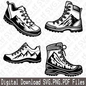 Hiking Shoe With Mountain. SVG PNG PDF files. Boot Nature Outdoor Climbing Vector Clipart Print Cut Engrave Laser Cricut Silhouette.