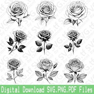 Flor de rosa. Archivos SVG PNG PDF. Amor San Valentín Ramo Naturaleza Regalo Vector Clipart Impresión Corte Grabado Láser Cricut Silueta.