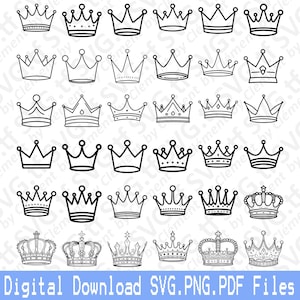 Corona. Archivos SVG PNG PDF. Príncipe Princesa Rey Reina Baby Shower Cumpleaños Niña Niño Vector Clipart Impresión Corte Grabado Láser Cricut Silueta.