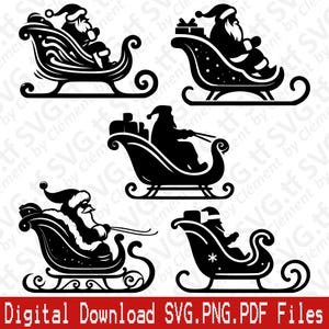 Traîneau du Père Noël. Fichiers SVG PNG PDF. Cerf de Noël Noël hiver neige cadeau Vector Clipart impression découpe laser Cricut Silhouette.