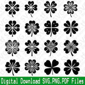 May include: A collection of black clover designs in various styles. The image features multiple four-leaf clovers, each with unique leaf patterns. The text at the bottom reads "Digital Download SVG.PNG.PDF Files".