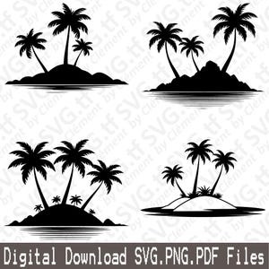 May include: Black and white digital illustrations of tropical islands with palm trees. The image includes four different island designs, each with varying numbers of palm trees and island shapes. Text at the bottom reads "Digital Download SVG.PNG.PDF Files."