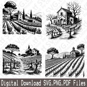 May include: Four black and white illustrations of vineyards with houses and trees. The illustrations are in a vintage style.