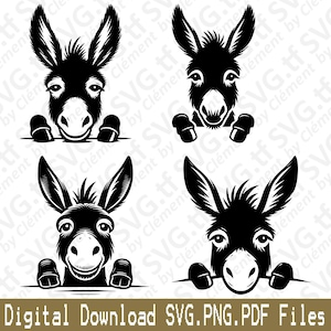 May include: Four black and white silhouette images of a donkey peeking over a surface. The donkey has a friendly expression with large ears and a long snout.