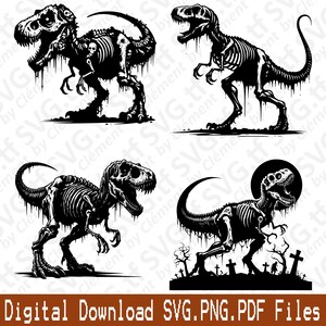 Pode incluir: Quatro ilustrações em preto e branco de um esqueleto de dinossauro. O dinossauro é um Tyrannosaurus Rex. O dinossauro está em diferentes poses. Um dinossauro está em pé em um cemitério com uma lua cheia ao fundo.