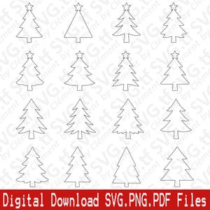 May include: A collection of outlined Christmas tree designs, each topped with a star. The trees vary in shape and style, all in a simple black line art. The bottom of the image features the text "Digital Download SVG.PNG.PDF Files" in a red rectangle.
