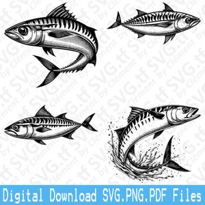 May include: Four black and white illustrations of mackerel fish. One fish is jumping out of the water, while the other three are swimming. The fish have detailed scales and fins.