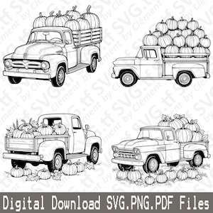 Gammal pickup med pumpor. SVG PNG PDF-filer. Fordon, gård, fältleverans, vektor Clipart, utskrift, klipp, gravyr, laser, Cricut, silhuett.